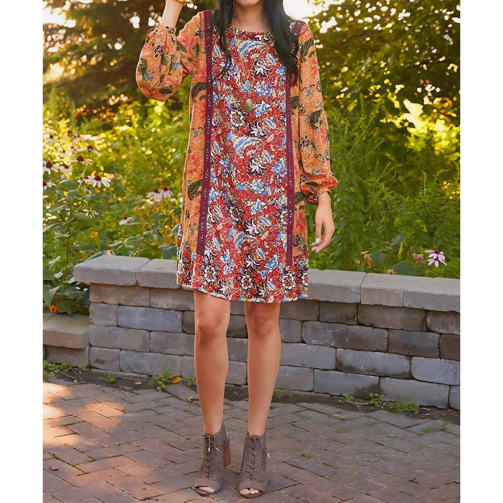Matilda Jane Women Mixed Floral Boho Shift Dress Lace Trim Long Bell Sleeve Sz M